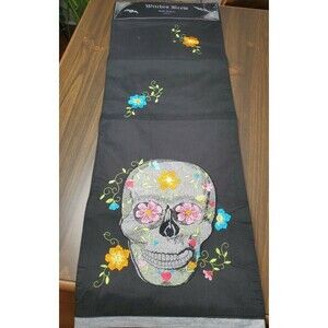 Charming Home Table Runner Black Skull Flowers Halloween Day of Dead 13x72" NEW